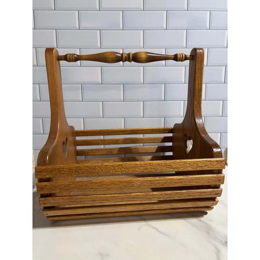 Vintage Oak Wood Slatted Basket Heart Cutouts Spindle Handle Farmhouse Cottage
